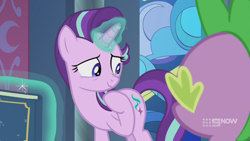 Size: 1280x720 | Tagged: safe, imported from derpibooru, screencap, spike, starlight glimmer, dragon, pony, unicorn, memories and more, spoiler:memories and more, spoiler:mlp friendship is forever, 9now, book, duo, levitation, magic, magic aura, scrapbook, smiling, telekinesis, winged spike, wings