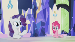 Size: 1280x720 | Tagged: safe, imported from derpibooru, screencap, pinkie pie, rarity, earth pony, pony, unicorn, memories and more, spoiler:memories and more, spoiler:mlp friendship is forever, 9now, duo, sitting, smiling