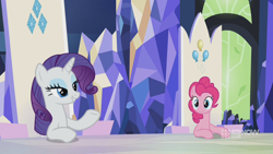 Size: 1280x720 | Tagged: safe, imported from derpibooru, screencap, pinkie pie, rarity, earth pony, pony, unicorn, memories and more, spoiler:memories and more, spoiler:mlp friendship is forever, 9now, bedroom eyes, duo, mid-blink screencap, sitting, smiling, smug