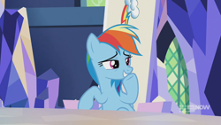 Size: 1280x720 | Tagged: safe, imported from derpibooru, screencap, rainbow dash, pegasus, pony, memories and more, spoiler:memories and more, spoiler:mlp friendship is forever, 9now, female, laughing, mare, mid-blink screencap, sitting, smug, solo