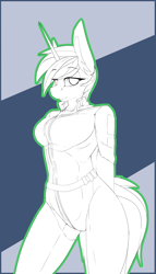 Size: 2000x3500 | Tagged: safe, artist:chapaevv, imported from derpibooru, oc, oc only, oc:littlepip, anthro, fallout equestria, clothes, jumpsuit, monochrome, patreon, patreon reward, solo, vault suit