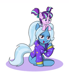 Size: 1150x1300 | Tagged: safe, artist:mew-me, imported from derpibooru, starlight glimmer, trixie, pony, unicorn, alternate hairstyle, babysitter trixie, clothes, cute, duo, duo female, female, filly, filly starlight glimmer, gameloft, gameloft interpretation, mare, open mouth, pigtails, younger