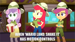 Size: 1280x713 | Tagged: safe, edit, edited screencap, imported from derpibooru, screencap, apple bloom, scootaloo, sweetie belle, eqg summertime shorts, equestria girls, the canterlot movie club, belt, boots, clothes, crossed arms, cutie mark crusaders, food, hand on hip, hat, jeans, looking at someone, looking at something, nintendo, pants, popcorn, sad, shoes, shorts, skirt, text, theater, wario land, wario land: shake it