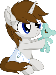 Size: 5686x7616 | Tagged: safe, artist:cyanlightning, imported from derpibooru, oc, oc only, oc:sentinel shield, pony, unicorn, .svg available, absurd resolution, baby, baby pony, colt, cute, diaper, foal, holding, male, ocbetes, plushie, simple background, smiling, solo, teddy bear, transparent background, vector, younger