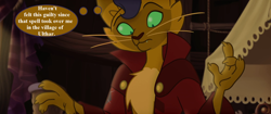 Size: 1920x804 | Tagged: safe, edit, edited screencap, imported from derpibooru, screencap, capper dapperpaws, abyssinian, anthro, my little pony: the movie, chest fluff, clothes, coat, implied murder, lovecraft, male, solo, the cats of ulthar, thought bubble