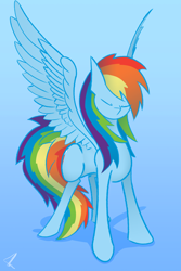 Size: 1600x2400 | Tagged: safe, artist:kridershot, imported from derpibooru, rainbow dash, pegasus, pony, blue background, eyes closed, female, mare, simple background, solo