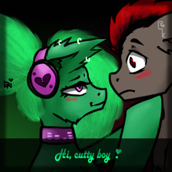 Size: 1024x1024 | Tagged: safe, artist:dark_nidus, imported from derpibooru, oc, oc:crockiss, oc:liden, earth pony, pegasus, pony, collar, ear piercing, earring, headphones, jewelry, piercing, shipping, text