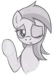 Size: 964x1363 | Tagged: safe, artist:lockerobster, imported from derpibooru, oc, oc only, oc:aqua, pony, monochrome, one eye closed, pencil drawing, phonepones, simple background, solo, traditional art, transparent background