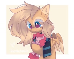 Size: 1280x1026 | Tagged: safe, artist:reonletaviio, imported from derpibooru, pinkie pie, oc, oc only, oc:mirta whoowlms, pegasus, pony, clothes, cute, female, pegasus oc, plushie, scarf, solo, wings