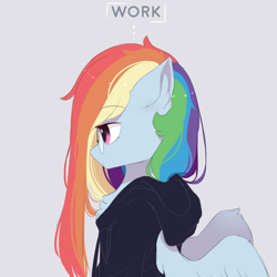 Size: 1000x1000 | Tagged: safe, artist:heddopen, imported from derpibooru, rainbow dash, pegasus, semi-anthro, chest fluff, clothes, ear fluff, female, glasses, gray background, hoodie, long mane, profile, simple background, solo, wings