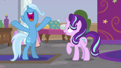 Size: 1920x1080 | Tagged: safe, imported from derpibooru, screencap, starlight glimmer, trixie, pony, unicorn, a horse shoe-in, bipedal, cheering, female, hooves in air, mare, mawshot, nose in the air, open mouth, rearing, spreading, uvula, volumetric mouth