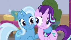 Size: 1920x1080 | Tagged: safe, imported from derpibooru, screencap, starlight glimmer, trixie, pony, unicorn, a horse shoe-in, duo, female, mare, side hug