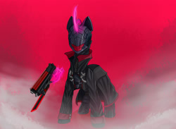 Size: 3250x2380 | Tagged: safe, artist:singovih, imported from derpibooru, oc, oc only, cyborg, pony, unicorn, armor, cyberpunk, female, mare, soldier pony, solo, weapon