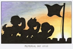 Size: 1280x856 | Tagged: safe, artist:ravenpuff, imported from derpibooru, oc, oc:clyde, oc:dale, oc:effect, pony, flag, memorial day, silhouette, traditional art