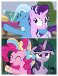 Size: 3106x4096 | Tagged: safe, imported from derpibooru, screencap, mean twilight sparkle, pinkie pie, starlight glimmer, trixie, a horse shoe-in, the mean 6, comparison, floppy ears, rainbow power