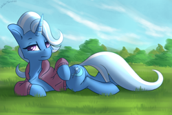 Size: 2700x1800 | Tagged: safe, artist:shido-tara, imported from derpibooru, trixie, pony, unicorn, canon, clothes, female, grass, hoodie, lidded eyes, looking at you, lying down, mare, prone, solo