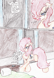 Size: 1528x2188 | Tagged: safe, artist:wyren367, imported from derpibooru, oc, oc:politica segreta, comic:politica's rebound, alarm, bed, bedroom, colored pencil drawing, comic, dialogue, female, floppy ears, indoors, mare, note, pillow, sad, speech bubble, talking, traditional art