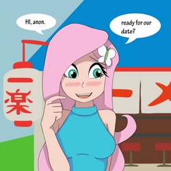 Size: 2048x2048 | Tagged: safe, artist:nando13, imported from derpibooru, fluttershy, human, equestria girls, blushing, breasts, busty fluttershy, cute, female, human coloration, implied anon, open mouth, shyabetes, solo