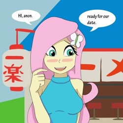 Size: 2048x2048 | Tagged: safe, alternate version, artist:nando13, imported from derpibooru, fluttershy, equestria girls, blushing, breasts, busty fluttershy, cute, female, implied anon, shyabetes, solo, speech bubble, talking to viewer