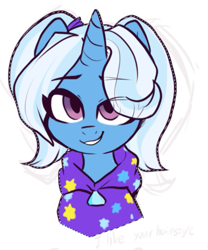 Size: 541x650 | Tagged: safe, artist:colorfulcolor233, artist:oofycolorful, imported from derpibooru, trixie, pony, unicorn, alternate hairstyle, babysitter trixie, bedroom eyes, bust, clothes, cute, diatrixes, female, gameloft interpretation, hoodie, looking at you, mare, pigtails, portrait, simple background, smiling, solo, white background, wip