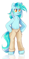 Size: 1245x2485 | Tagged: safe, artist:pledus, imported from derpibooru, lyra heartstrings, semi-anthro, unicorn, chest fluff, clothes, ear fluff, female, hoof on hip, i like pants, lyra doing lyra things, mare, pants, simple background, smiling, solo, that pony sure does love humans, that pony sure does love pants, white background