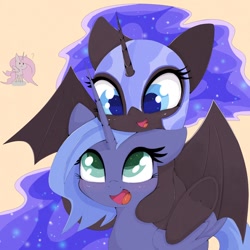 Size: 1024x1024 | Tagged: safe, artist:zokkili, imported from derpibooru, nightmare moon, princess celestia, princess luna, alicorn, pony, :3, bat wings, colored pupils, cream background, cute, duality, duo, female, filly, light side, lunabetes, moonabetes, nicemare moon, open mouth, pink-mane celestia, ponies riding ponies, riding, simple background, wings, woona, younger