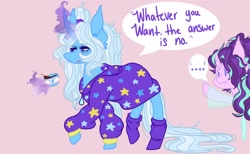 Size: 3500x2160 | Tagged: safe, alternate version, artist:namiiarts, imported from derpibooru, starlight glimmer, trixie, pony, unicorn, ..., alternate hairstyle, babysitter trixie, clothes, cup, dialogue, female, food, glowing horn, hoodie, horn, lgbt headcanon, magic, magic aura, pink background, pride, pride flag, simple background, socks, tea, teacup, trans female, trans trixie, transgender, transgender pride flag, waving