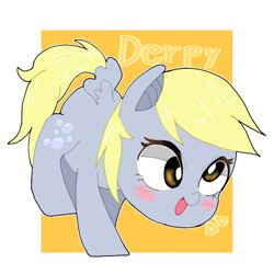 Size: 768x768 | Tagged: safe, artist:destroyer_aky, imported from derpibooru, derpy hooves, pegasus, pony, abstract background, blushing, chibi, cute, derpabetes, female, mare, open mouth, pixiv, solo