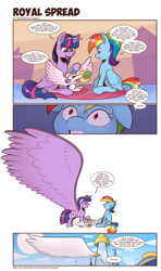 Size: 1690x2856 | Tagged: safe, artist:saturdaymorningproj, imported from derpibooru, princess celestia, princess flurry heart, rainbow dash, twilight sparkle, whammy, alicorn, pegasus, pony, canterlot, comic, cute, cutie mark, dialogue, flurrybetes, horn, implied princess luna, impossibly large wings, large wings, meme, shocked, shocked expression, sitting, speech bubble, spread wings, sun, thanks m.a. larson, twilight sparkle (alicorn), wings