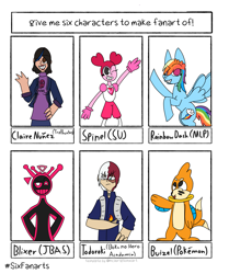 Size: 1715x2048 | Tagged: safe, artist:nyancreeperpony, imported from derpibooru, human, pegasus, pony, six fanarts, blixer, buizel, claire nuñez, clothes, crossover, female, just shapes and beats, male, mare, my hero academia, pokémon, shoto todoroki, smiling, spinel (steven universe), steven universe, trollhunters, waving