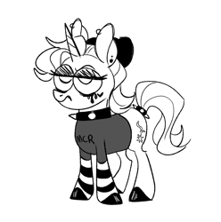 Size: 763x769 | Tagged: safe, artist:woollily, imported from derpibooru, starlight glimmer, pony, unicorn, choker, clothes, ear piercing, earring, emo, female, hat, jewelry, monochrome, piercing, shirt, socks, solo, spiked choker, striped socks