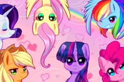 Size: 1279x853 | Tagged: dead source, safe, artist:jacky-bunny, imported from derpibooru, applejack, fluttershy, pinkie pie, rainbow dash, rarity, twilight sparkle, alicorn, earth pony, pegasus, unicorn, blushing, bust, cowboy hat, cute, deviantart watermark, ear fluff, eyes closed, female, hat, heart, looking at you, mane six, mare, obtrusive watermark, one eye closed, portrait, profile, rainbow, smiling, twilight sparkle (alicorn), upside down, watermark, wink