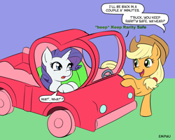 Size: 1000x800 | Tagged: safe, artist:empyu, imported from derpibooru, applejack, rarity, earth pony, pony, unicorn, 30 minute art challenge, applejack truck, car, duo, female, mare, rick and morty, wait what