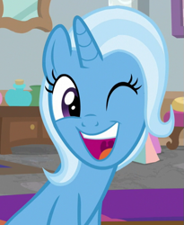 Size: 543x661 | Tagged: safe, imported from derpibooru, screencap, trixie, pony, unicorn, a horse shoe-in, cropped, cute, diatrixes, female, mare, mawshot, one eye closed, open mouth, smiling, solo, uvula, wink