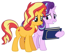 Size: 1024x826 | Tagged: safe, artist:emeraldblast63, imported from derpibooru, starlight glimmer, sunset shimmer, pony, unicorn, memories and more, spoiler:memories and more, spoiler:mlp friendship is forever, backwards cutie mark, duo, female, scrapbook, simple background, transparent background