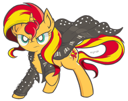 Size: 3468x2760 | Tagged: safe, artist:branewashpv, artist:theratedrshimmer, imported from derpibooru, sunset shimmer, pony, unicorn, equestria girls, clothes, edge (wrestler), female, high res, jacket, leather jacket, looking at you, raised hoof, simple background, solo, transparent background, wwe