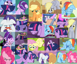 Size: 1036x857 | Tagged: safe, edit, edited screencap, imported from derpibooru, screencap, applejack, derpy hooves, fluttershy, octavia melody, pinkie pie, rainbow dash, rarity, starlight glimmer, twilight sparkle, alicorn, earth pony, pegasus, pony, unicorn, a bird in the hoof, a horse shoe-in, canterlot boutique, daring don't, fame and misfortune, father knows beast, horse play, hurricane fluttershy, princess twilight sparkle (episode), rainbow falls, read it and weep, slice of life (episode), the crystal empire, the last roundup, the one where pinkie pie knows, to where and back again, annoyed, applejack's hat, bandage, big crown thingy, book, bowing, cello, compilation, cowboy hat, cropped, crying, cute, element of magic, eyes closed, female, floppy ears, flying, food, frazzled, friendship journal, glass, glasses, hat, jewelry, looking down, looking up, magic, mane six, mare, mouth hold, mud, musical instrument, prone, rarity's glasses, regalia, sad, sitting, snout, supercut, twilight sparkle (alicorn)