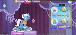 Size: 2436x1125 | Tagged: safe, imported from derpibooru, screencap, trixie, pony, unicorn, alternate clothes, alternate costumes, alternate hairstyle, anklet, carousel boutique, clothes, gameloft, hair bun, jewelry, necklace, official, outfit, pearl necklace