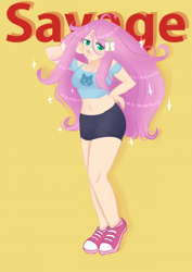 Size: 960x1357 | Tagged: safe, artist:mirona9, imported from derpibooru, fluttershy, cat, human, 2020, 2020s, belly button, blouse, breasts, busty fluttershy, clothes, commission, converse, female, gym shorts, hair accessory, hand on hip, humanized, midriff, savage, seductive, seductive pose, shoes, shorts, simple background, sneakers, solo, sparkles, sultry pose, text, ych result, yellow background