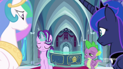 Size: 1147x645 | Tagged: safe, imported from derpibooru, screencap, princess celestia, princess luna, spike, starlight glimmer, magic, sad, tired