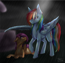 Size: 1920x1873 | Tagged: safe, artist:norrixcurral08, imported from derpibooru, rainbow dash, scootaloo, pegasus, pony, cute, dashabetes, female, filly, mare, rain, redraw, scootalove, wing shelter, wing umbrella