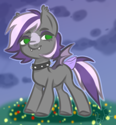 Size: 1632x1755 | Tagged: safe, artist:vibsi, imported from derpibooru, oc, oc only, oc:thadius, bat pony, pony, bat pony oc, bat wings, bow, choker, fangs, solo, spiked choker, tail bow, two toned mane, wings