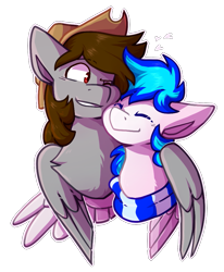 Size: 793x962 | Tagged: safe, artist:brigostre, imported from derpibooru, oc, oc only, oc:lighty, oc:n3xus music, pegasus, commission, cute, gay, hat, heart, hug, male, simple background, snuggling, transparent background, wholesome, winghug