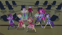 Size: 1920x1080 | Tagged: safe, imported from derpibooru, screencap, applejack, flash sentry, fluttershy, pinkie pie, rainbow dash, rarity, sci-twi, sunset shimmer, twilight sparkle, cheer you on, equestria girls, spoiler:eqg series (season 2), high angle, humane five, humane seven, humane six, ponied up, sleeveless