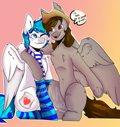 Size: 643x677 | Tagged: safe, artist:yoona, imported from derpibooru, oc, oc only, oc:lighty, oc:n3xus music, pegasus, clothes, commission, cute, gay, hat, male, snuggling, socks, striped socks, text, wholesome