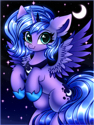 Size: 3000x4000 | Tagged: safe, artist:mite-lime, imported from derpibooru, princess luna, alicorn, pony, cheek fluff, crescent moon, crown, cute, ear fluff, female, filly, high res, hoof shoes, jewelry, leg fluff, lunabetes, moon, night, regalia, sky, solo, spread wings, stars, two toned wings, wings, woona, younger