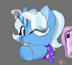 Size: 2598x2362 | Tagged: safe, alternate version, artist:galacticguardian, artist:jubyskylines, imported from derpibooru, trixie, pony, unicorn, :p, alternate hairstyle, babysitter trixie, bust, cheek fluff, clothes, cute, diatrixes, ear fluff, female, gameloft interpretation, high res, hoodie, leg fluff, magic, one eye closed, phone, pigtails, portrait, solo, telekinesis, tongue out, wink