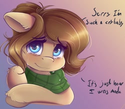 Size: 680x594 | Tagged: safe, artist:ardail, imported from derpibooru, oc, oc only, oc:mocha latte, pony, bust, clothes, crying, dialogue, ear fluff, female, looking at you, mare, sad smile, scarf, solo, tears of joy, teary eyes, unshorn fetlocks