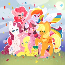 Size: 1280x1280 | Tagged: safe, artist:gummylilies, imported from derpibooru, applejack, fluttershy, pinkie pie, rainbow dash, rarity, twilight sparkle, alicorn, earth pony, pegasus, pony, unicorn, colored wings, confetti, cowboy hat, cute, female, hat, looking at you, mane six, mane six opening poses, mare, multicolored wings, one eye closed, open mouth, prone, smiling, twilight sparkle (alicorn), two toned wings, wings, wink