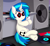 Size: 7200x6600 | Tagged: safe, artist:agkandphotomaker2000, imported from derpibooru, dj pon-3, vinyl scratch, pony, unicorn, absurd resolution, album cover, dj booth, female, hoof hold, phone, relaxing, sitting, solo, speaker, speakers, taking a break, vinyl disc